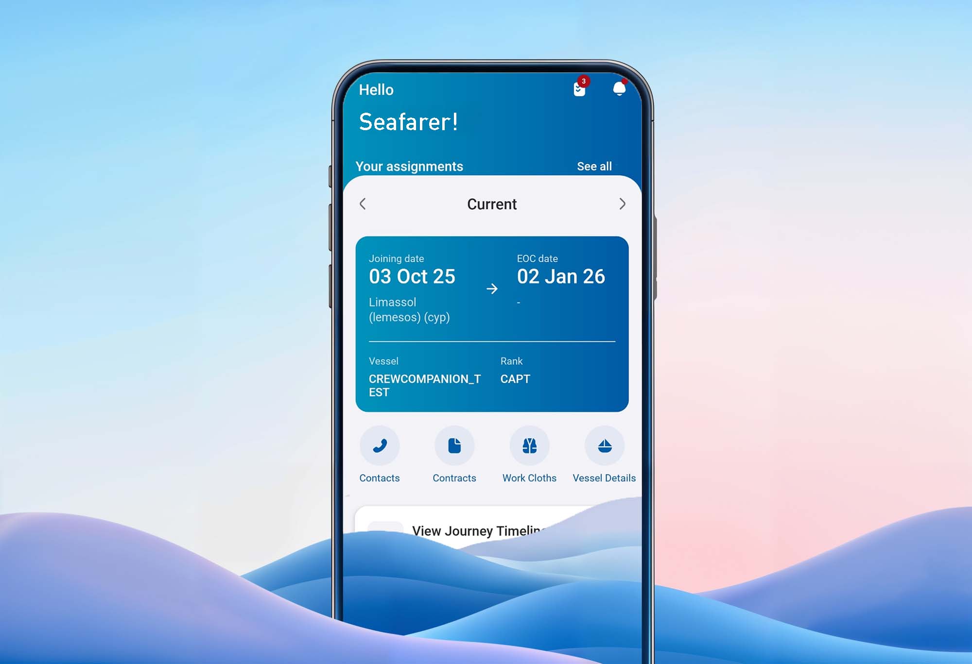Smartphone displaying the Marlow CrewCompanion App for seafarers over a blue wave background.
